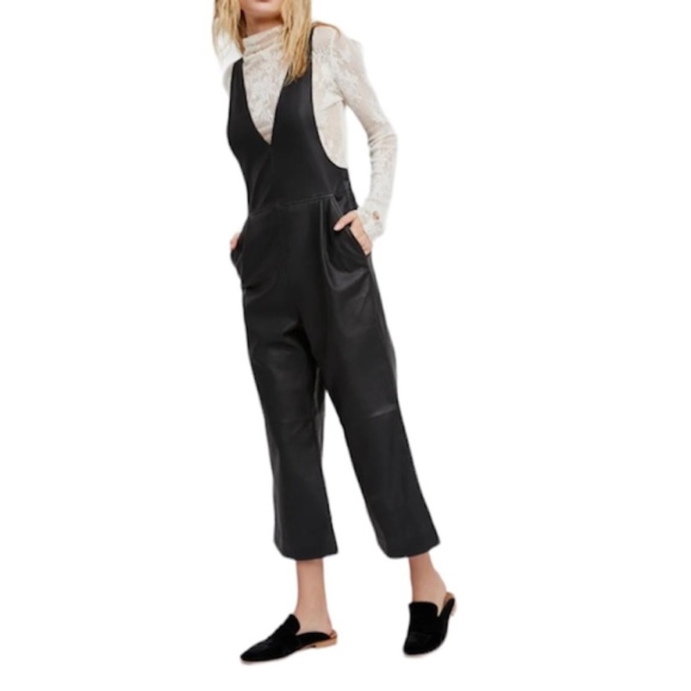 Free People Fiona Vegan Leather Jumpsuit Overalls, Black, Medium ($148)